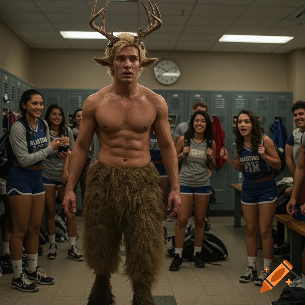 A muscular blond satyr with antlers stands shirtless in a school locker room, surrounded by laughing human students.