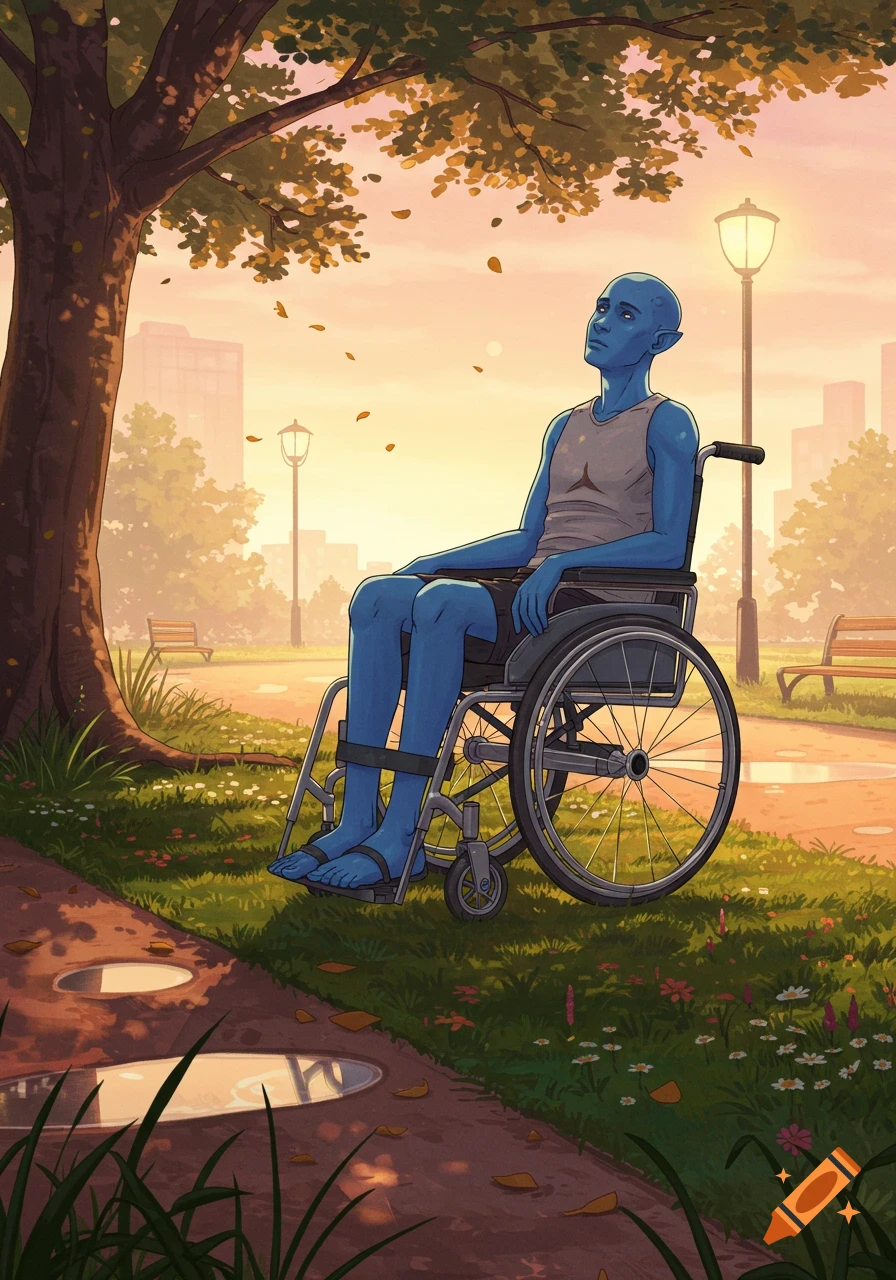 A blue-skinned person in a wheelchair sits under a tree in a park at sunset, looking up.