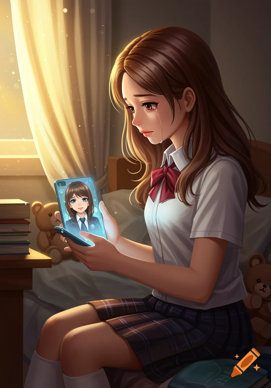Anime illustration of a crying schoolgirl in her room holding a phone showing a cartoon girl in a blazer.