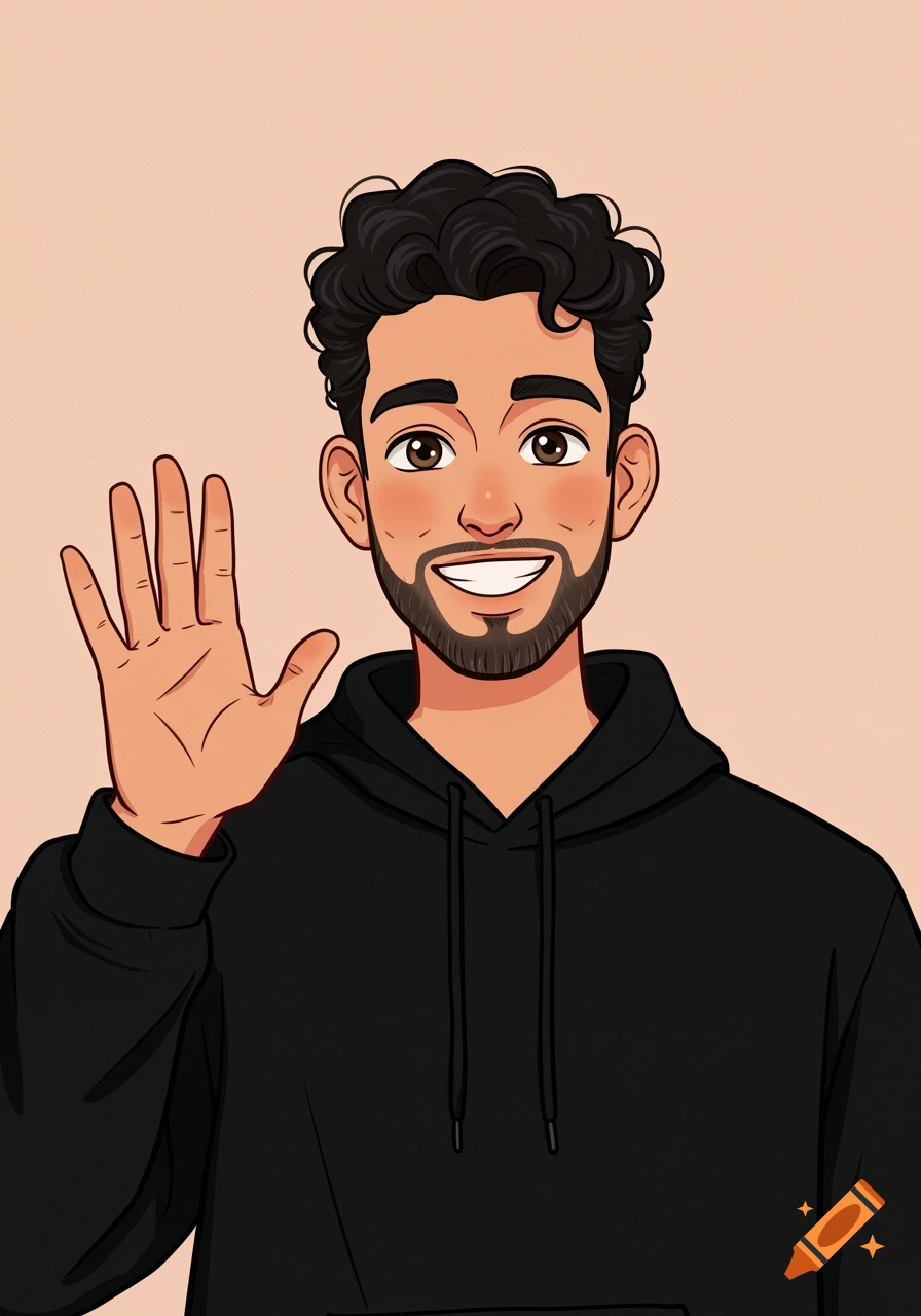 A friendly cartoon man with dark curly hair and beard, wearing a black hoodie, waves at the viewer against a light pink background.