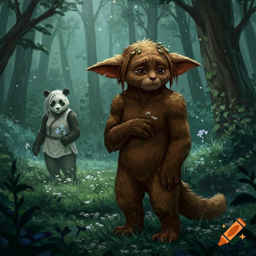 A sad, brown woodland creature holds flowers in a misty forest, while a panda-like creature stands in the background.