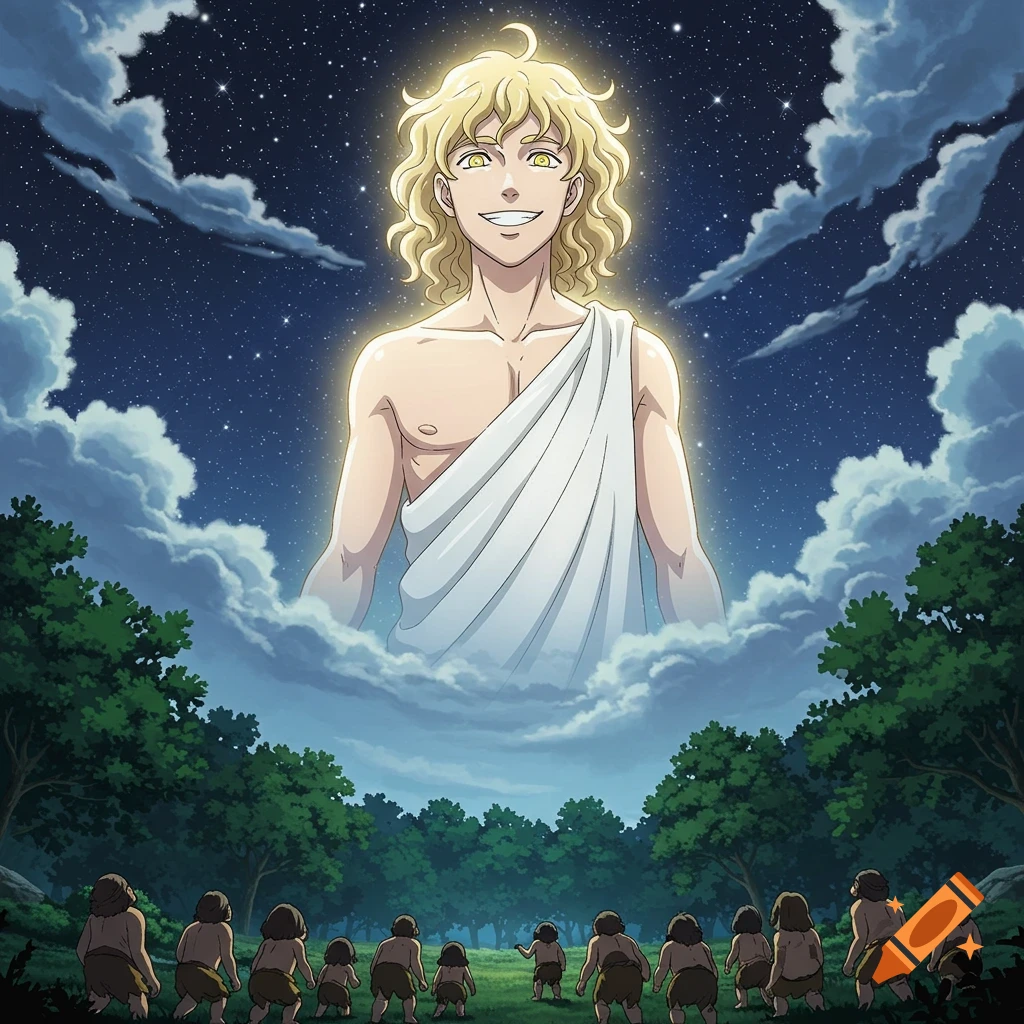 Anime style art of a giant glowing blonde man with a crazed smile, in a white chiton, looming over small primitive humans in a forest clearing at night.