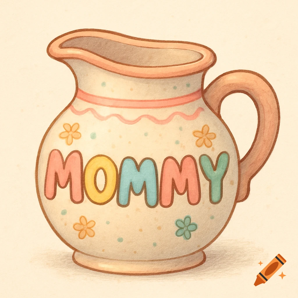 A cartoonish, old-style milk jug with the word MOMMY in colorful letters, decorated with small flowers and polka dots.