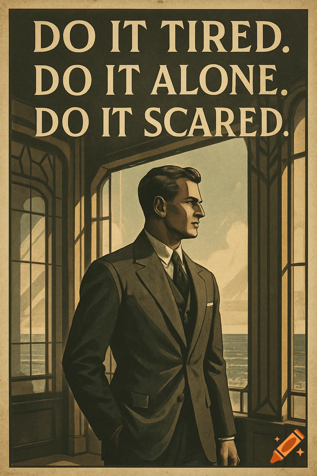 Vintage motivational poster of a man in a suit looking out a window at the ocean, with the text 'DO IT TIRED. DO IT ALONE. DO IT SCARED.'