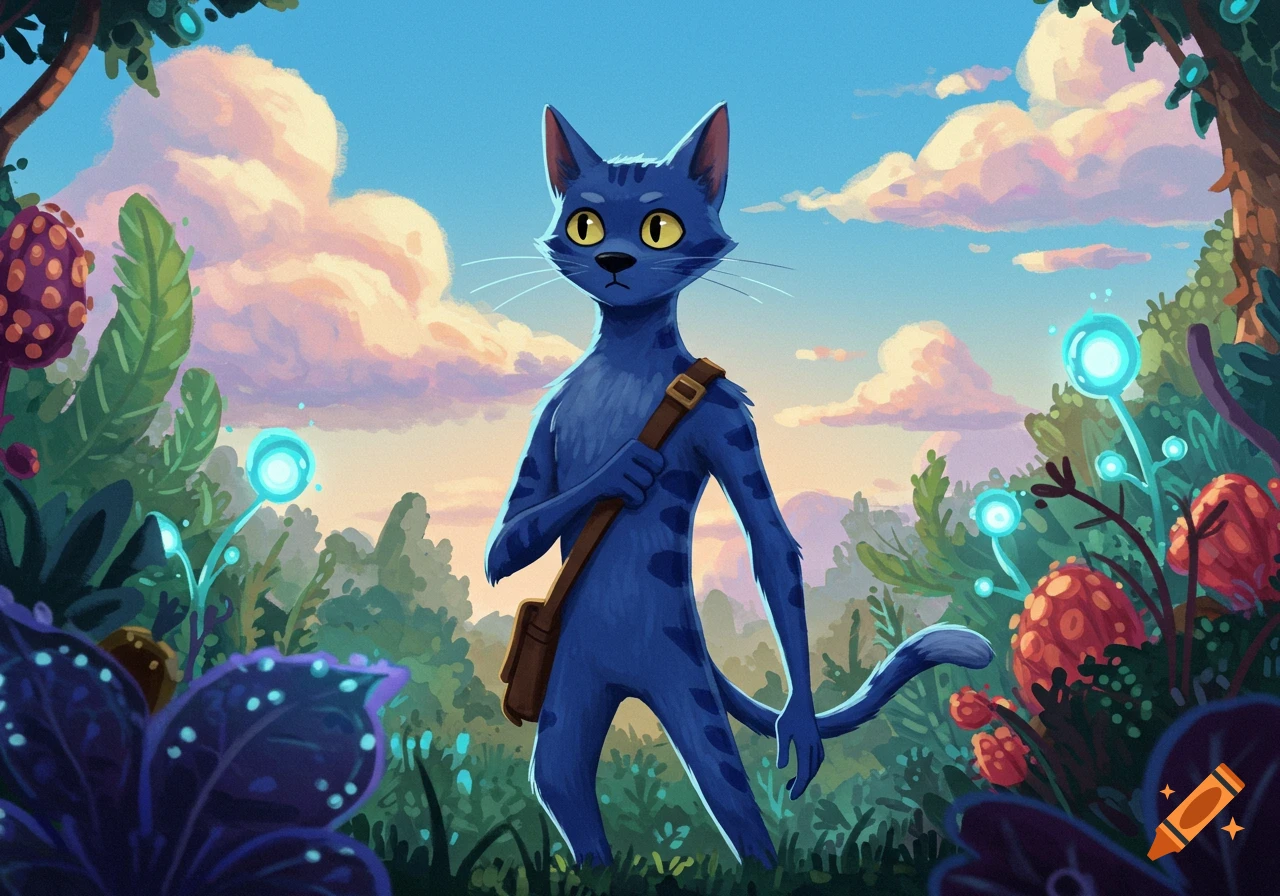 A blue bipedal cat with yellow eyes and a satchel stands in a vibrant, whimsical forest with glowing plants and colorful mushrooms under a colorful sky.