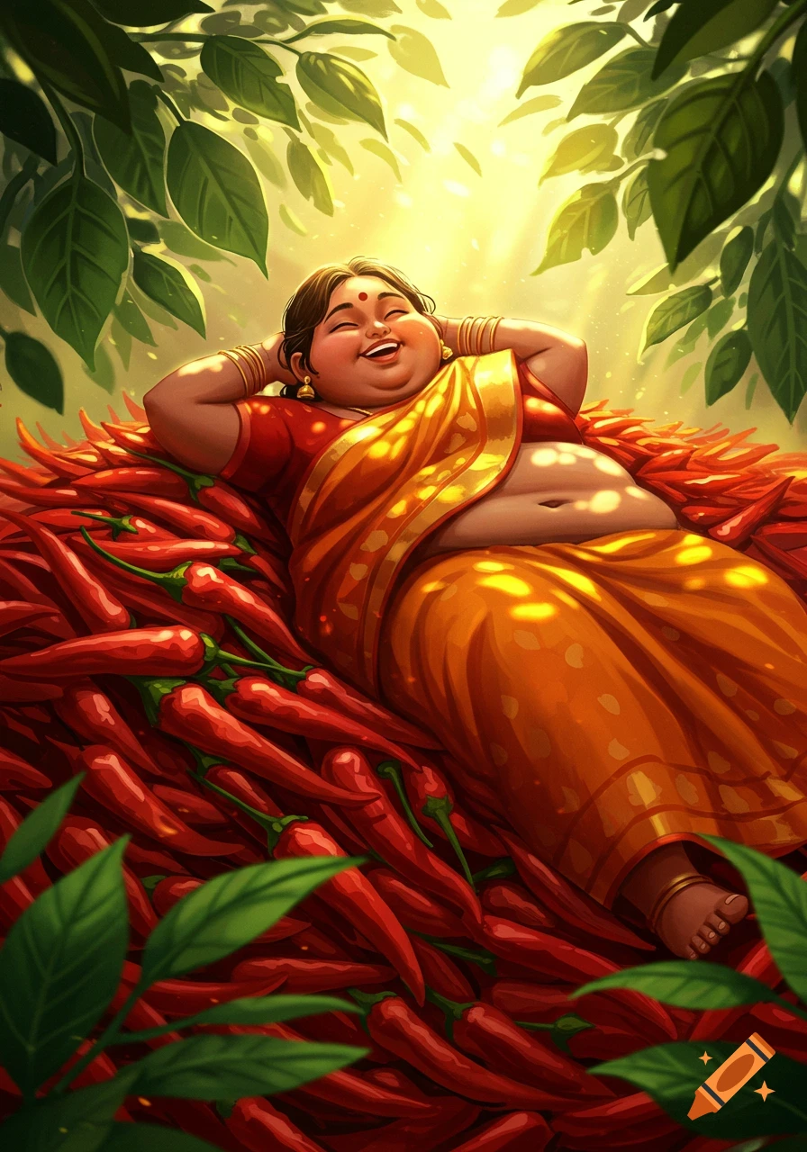 A smiling, plump Indian woman in a saree lies happily on a large pile of red chili peppers under bright sunlit leaves in a vibrant cartoon style.