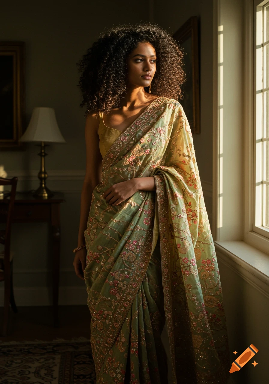 Photorealistic image of an Indian woman with curly hair in a green and gold embroidered saree, standing by a sunlit window.
