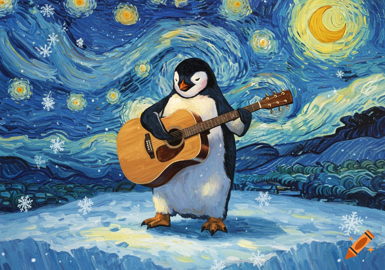 A penguin plays an acoustic guitar on a snowy landscape under a swirling, starry night sky in the style of Van Gogh.