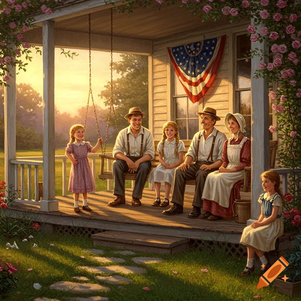 A family in historical clothing sits on a porch with an American flag bunting at sunset, surrounded by roses.
