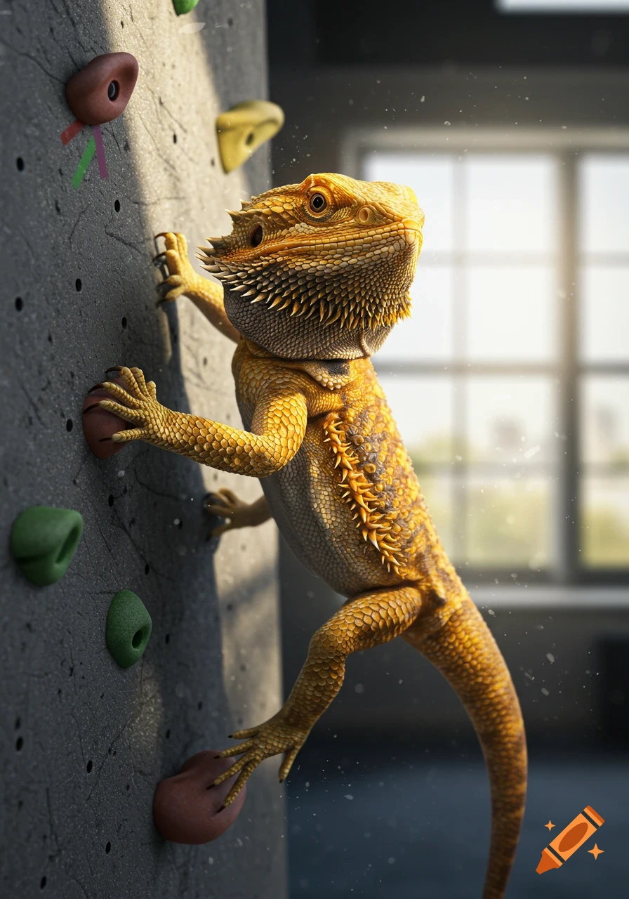 A photorealistic bearded dragon scales a grey indoor rock climbing wall, gripping red and green holds.