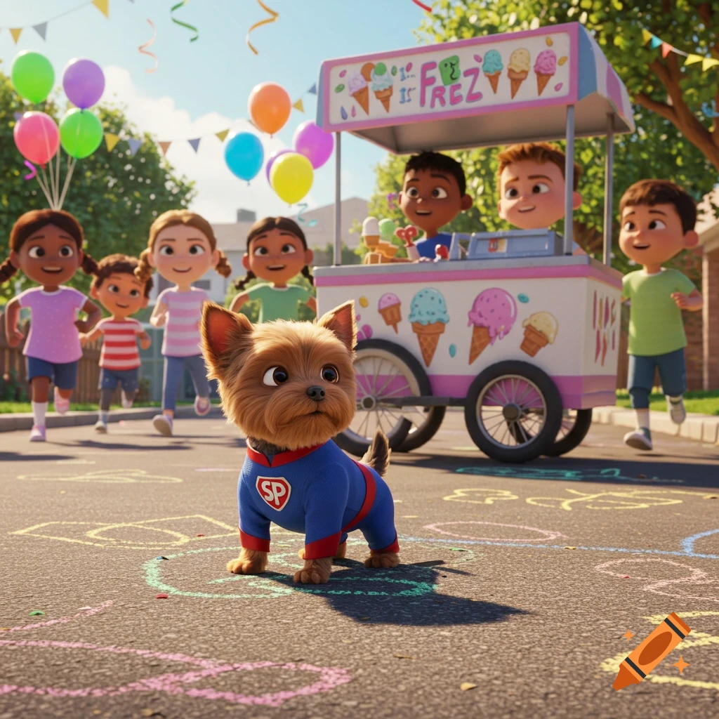 A cute brown Yorkshire terrier in a blue superhero suit with "SP" on the chest stands on a street with chalk drawings, in front of an ice cream cart and children, in an animated style.