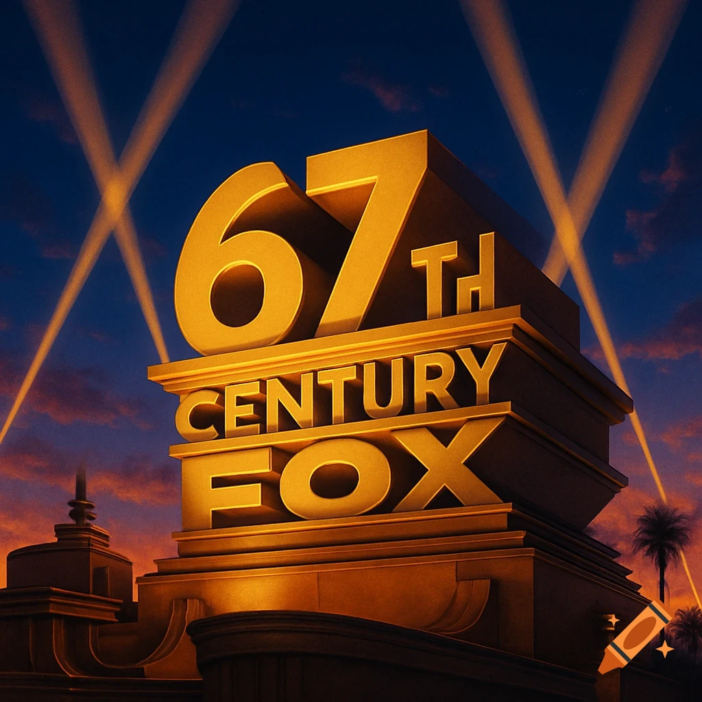 Golden 3D '67th Century Fox' logo against a sunset sky with searchlights.