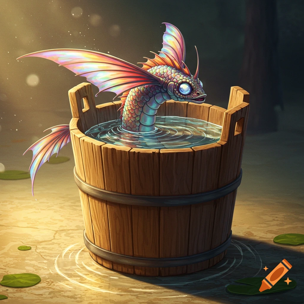An iridescent winged dragon fish in a wooden bucket filled with water, in an artistic style.