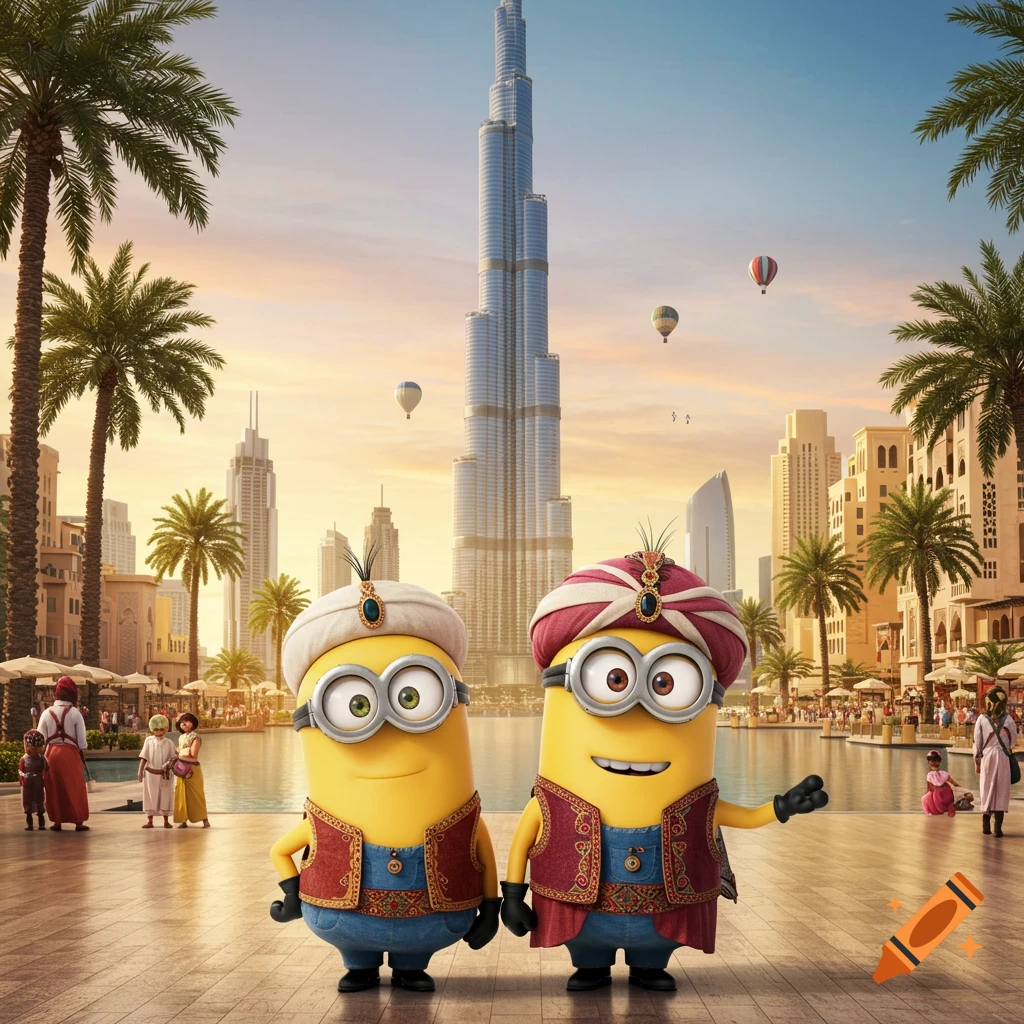 Two Minions in traditional Middle Eastern attire stand in front of the Burj Khalifa and other Dubai buildings at sunset.