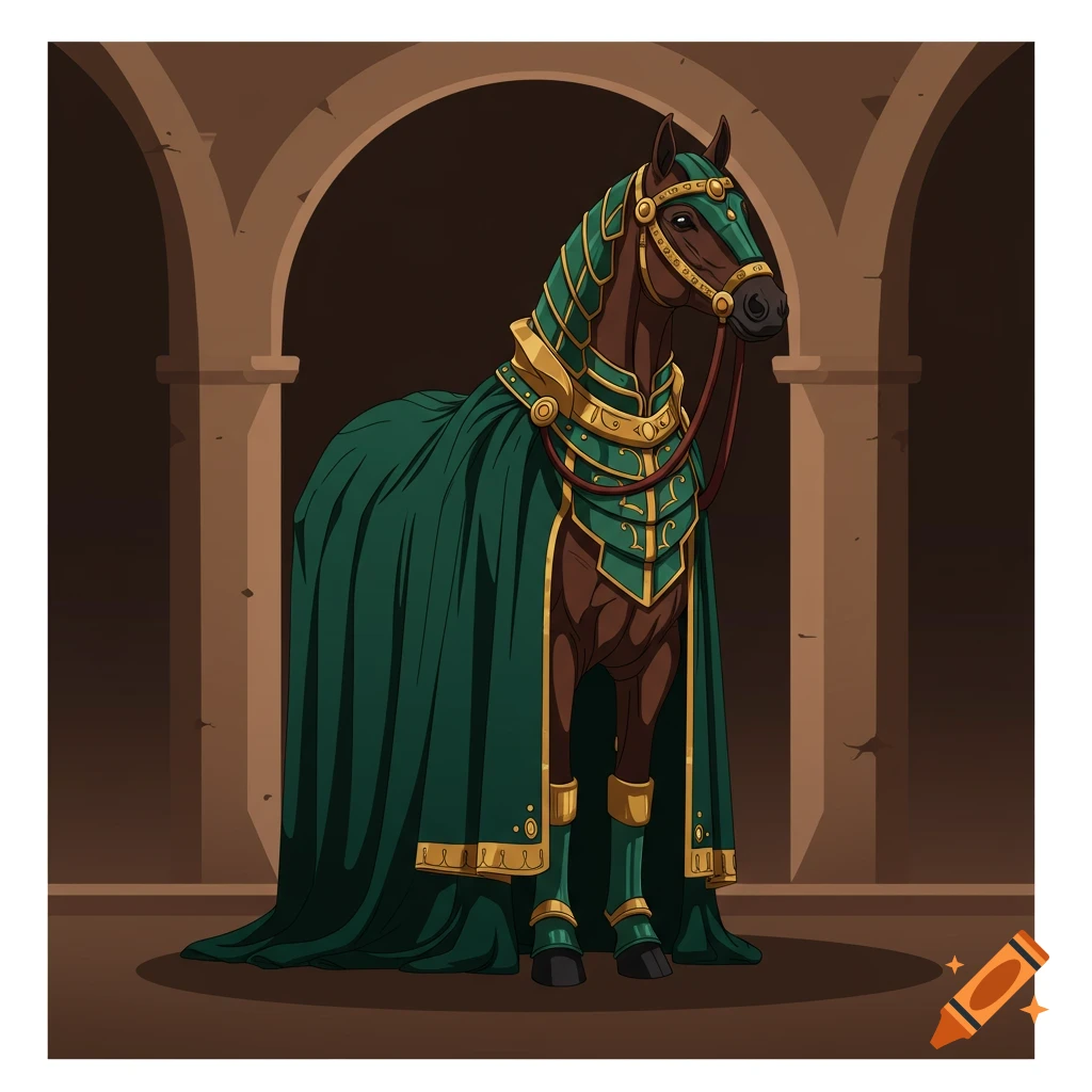 A majestic brown horse adorned in elaborate green and gold armor and a flowing green cape, standing under stone arches. Illustration.