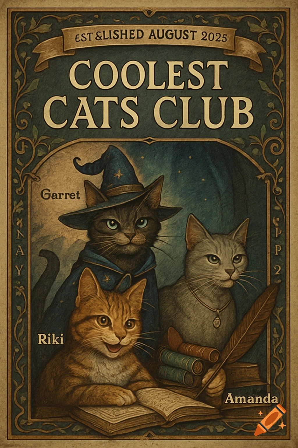 A vintage-style book cover for 'Coolest Cats Club' featuring three anthropomorphic cats: a grey cat in a wizard hat, a smiling orange tabby reading, and a grey cat holding a quill. Text on banner reads 'EST &LISHED AUGUST 2025'.