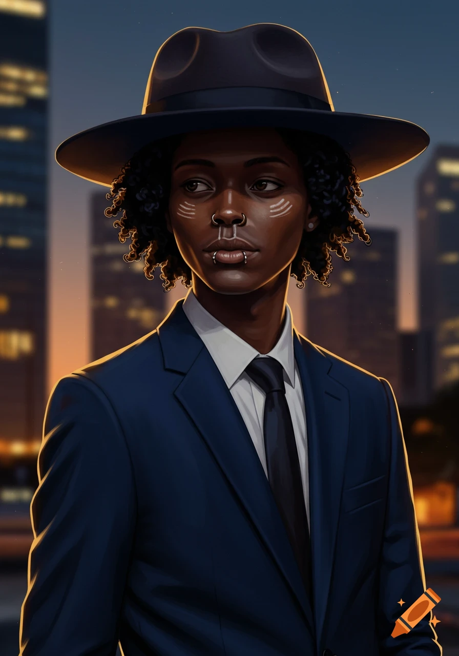 A person with dark skin, curly hair, facial markings, and piercings, wearing a dark suit and fedora, stands against a city skyline at dusk.