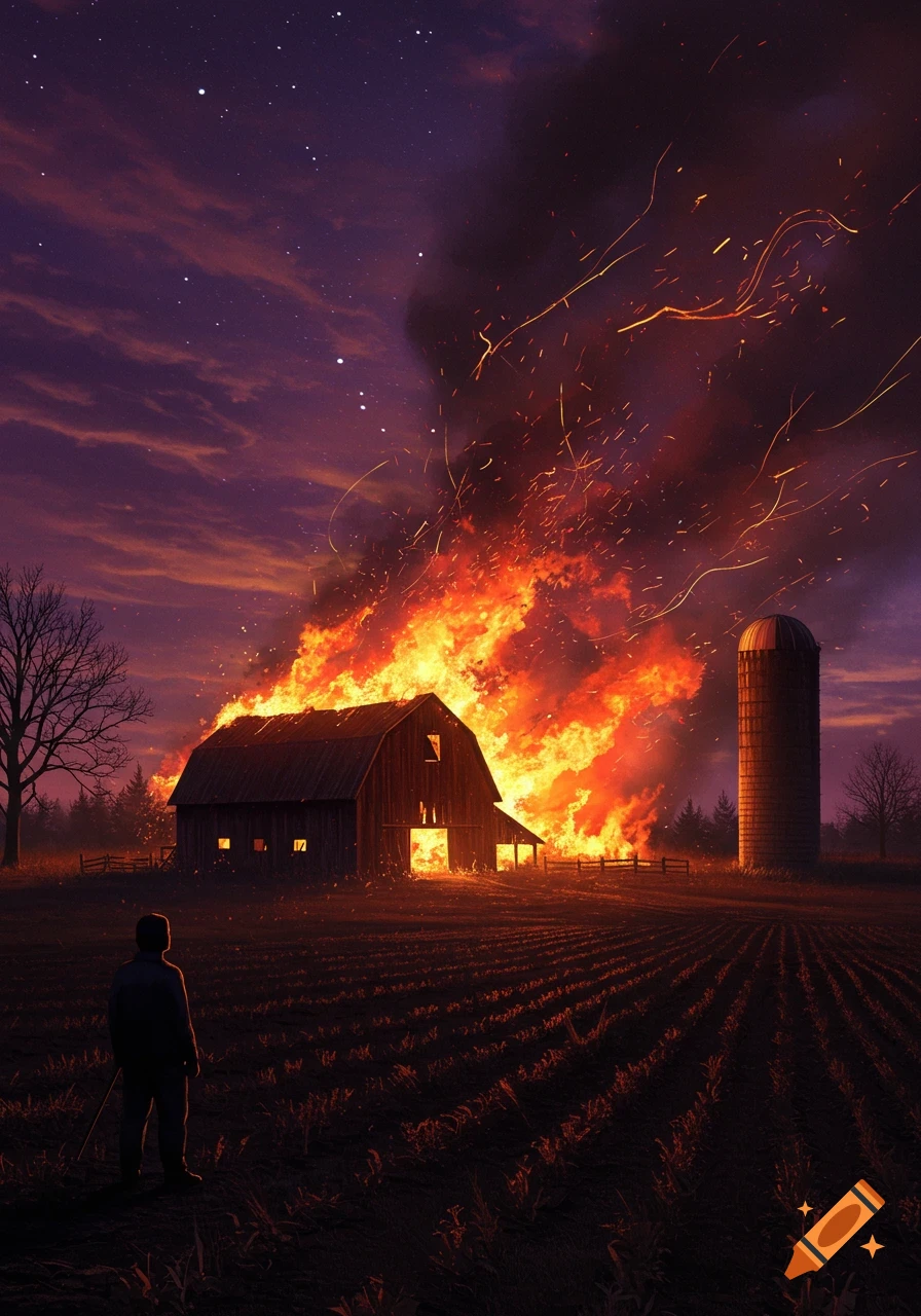 A dramatic photorealistic image of a burning barn and silo under a dark, star-lit sky, with a lone figure watching from a field.