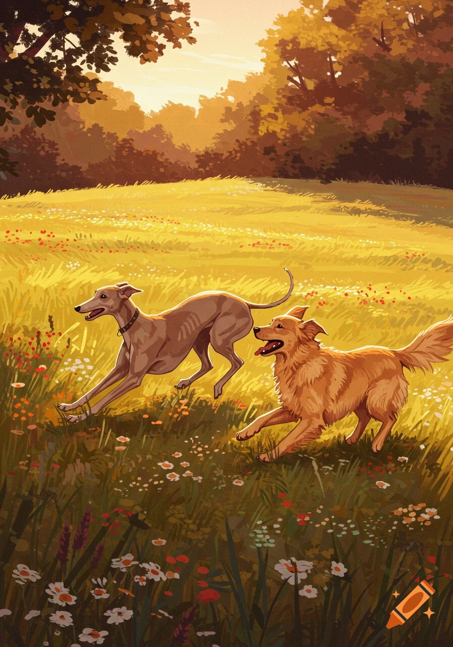 Two dogs, a greyhound and a golden retriever, run joyfully through a sunlit field with wildflowers. Illustration.