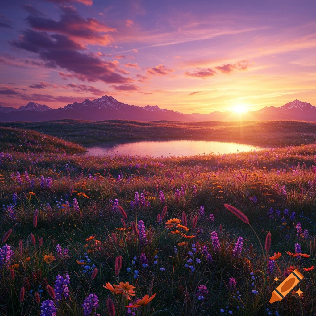 A vibrant sunset over a field of purple and orange wildflowers, with a calm lake and distant mountains under a colorful sky.