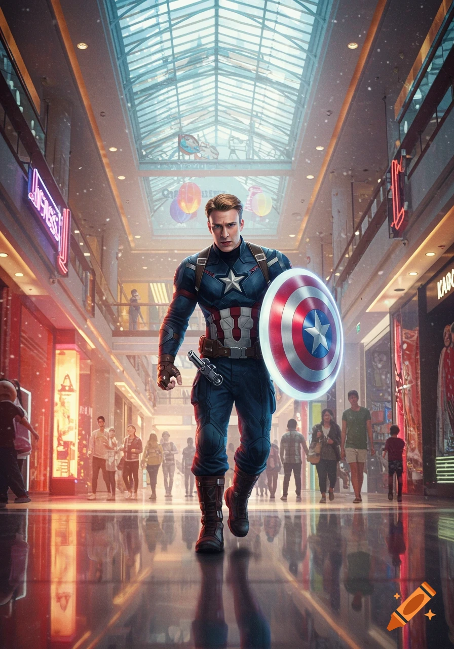 Photorealistic image of Captain America, holding his shield and a small pistol, walking through a brightly lit shopping mall with other people.
