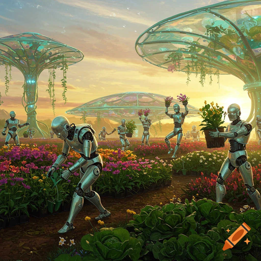 Photorealistic digital art of silver robots planting colorful flowers and dancing in a vibrant futuristic garden under a sunset sky.