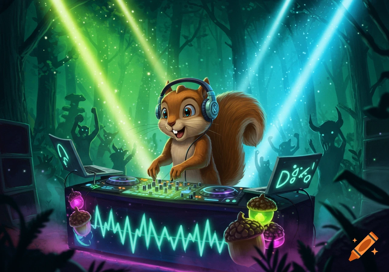 A cute cartoon squirrel with headphones is DJing in a magical forest, surrounded by shadowy dancing creatures and glowing light beams.