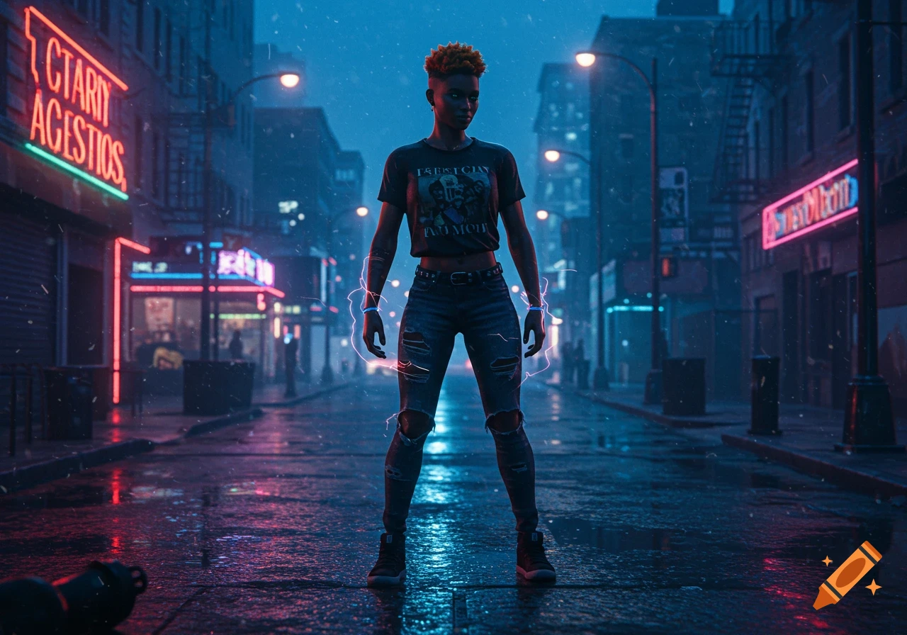 A confident woman with short orange hair stands in a wet, neon-lit cyberpunk city street, surrounded by electric energy. Digital art.