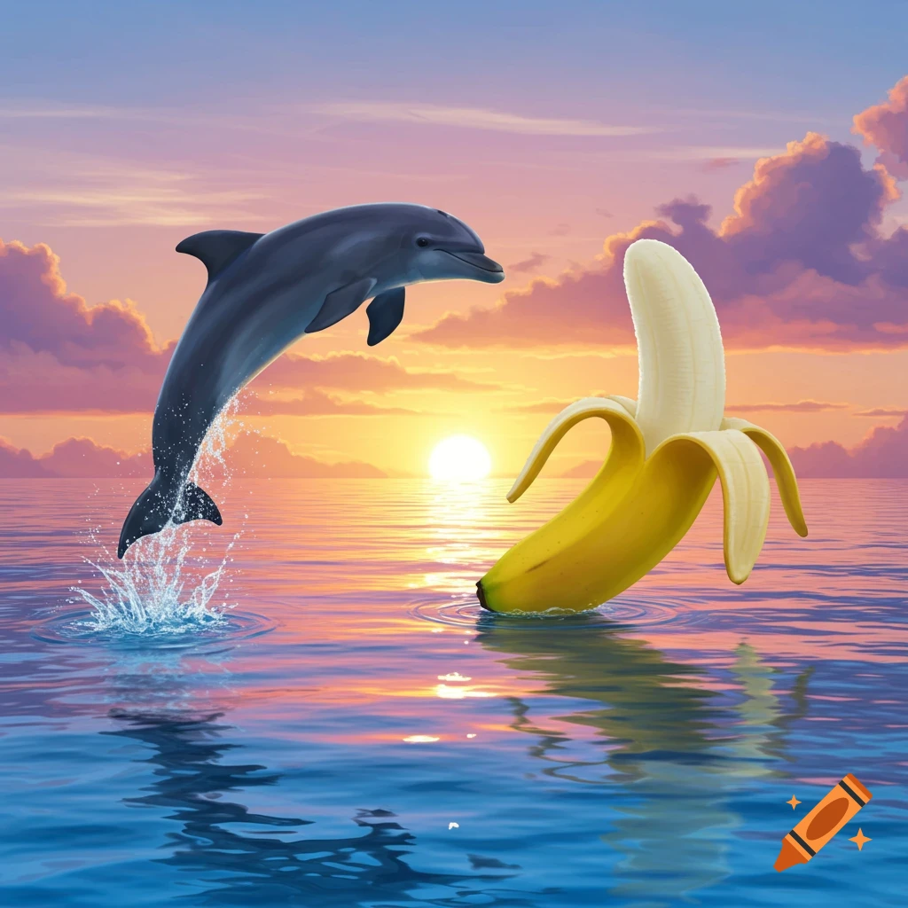 A photorealistic image of a dolphin jumping out of the ocean next to a large, peeled banana floating in the water, during a vibrant sunset.