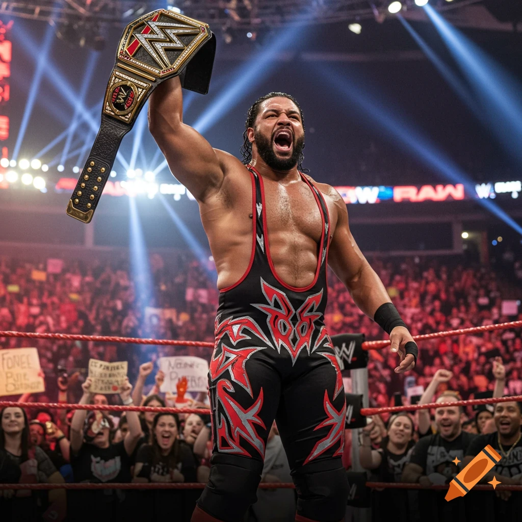 A triumphant male wrestler in a black and red singlet raises a championship belt high above his head in a brightly lit wrestling ring, surrounded by a cheering crowd.