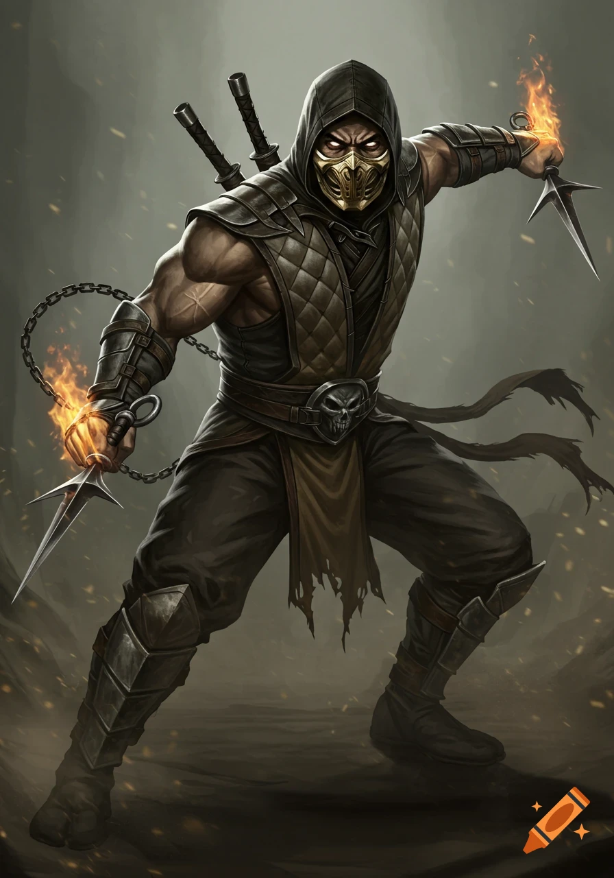 Scorpion from Mortal Kombat, hooded and masked, wielding fiery kunai with a chain, in a dynamic pose. Digital art.