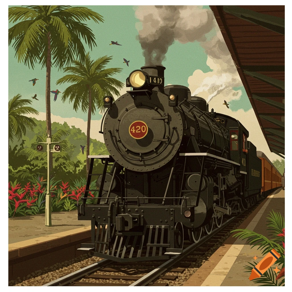 Vintage poster of a black steam train with '420' on the front, stopped at a tropical station with palm trees and red flowers.