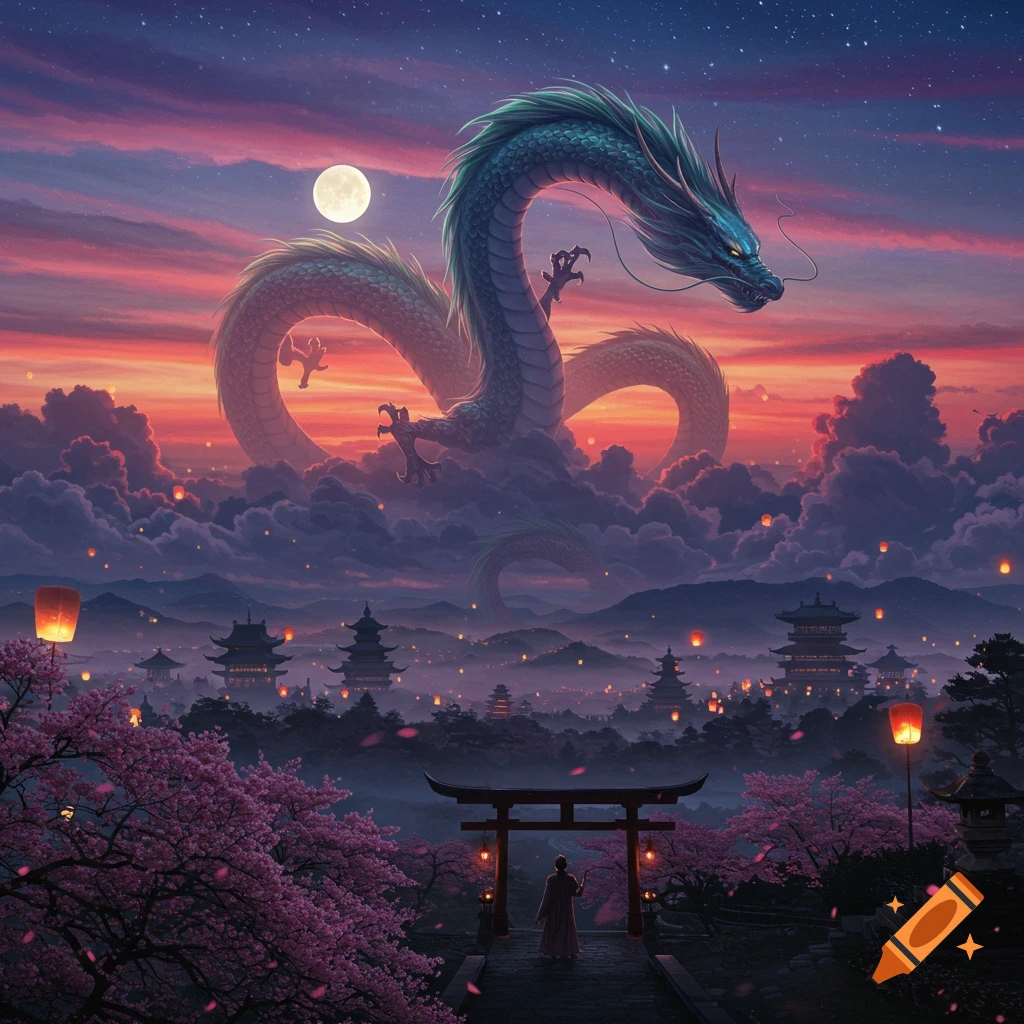 A magnificent Asian dragon soars through a vibrant sunset sky above a traditional Japanese temple town with cherry blossoms and a torii gate.