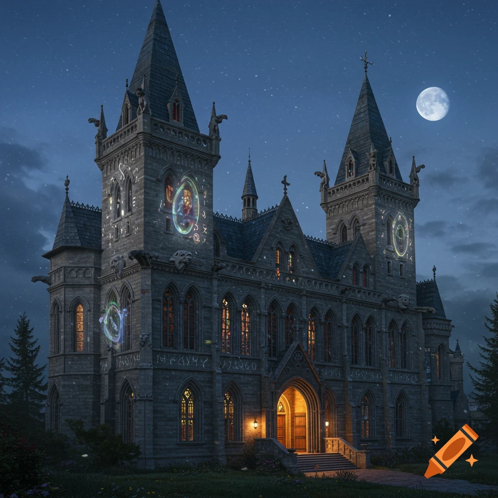 A majestic Gothic-style magic college building at night, with glowing magical symbols on its stone facade and a bright full moon in the star-filled sky.
