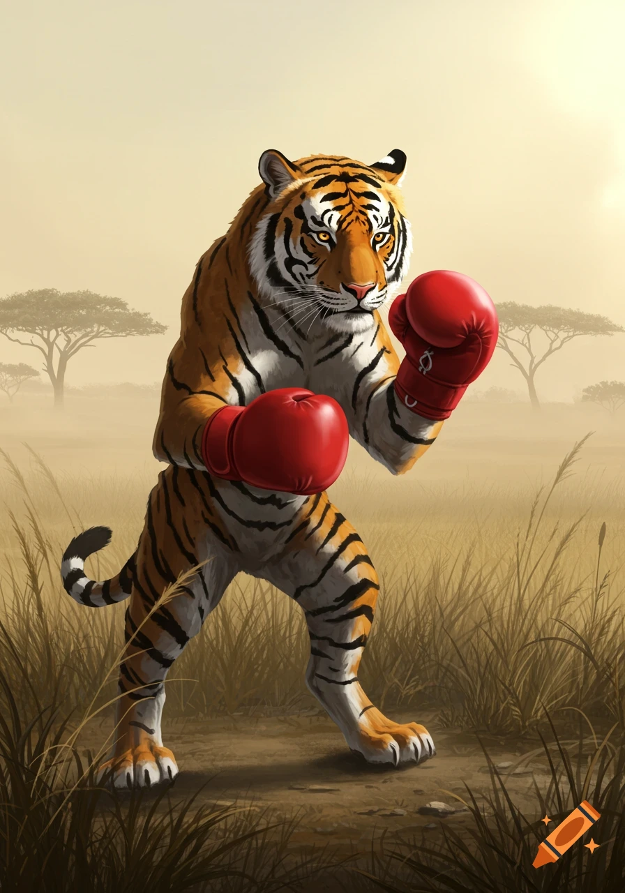 A tiger standing upright, wearing red boxing gloves, in a savanna landscape.