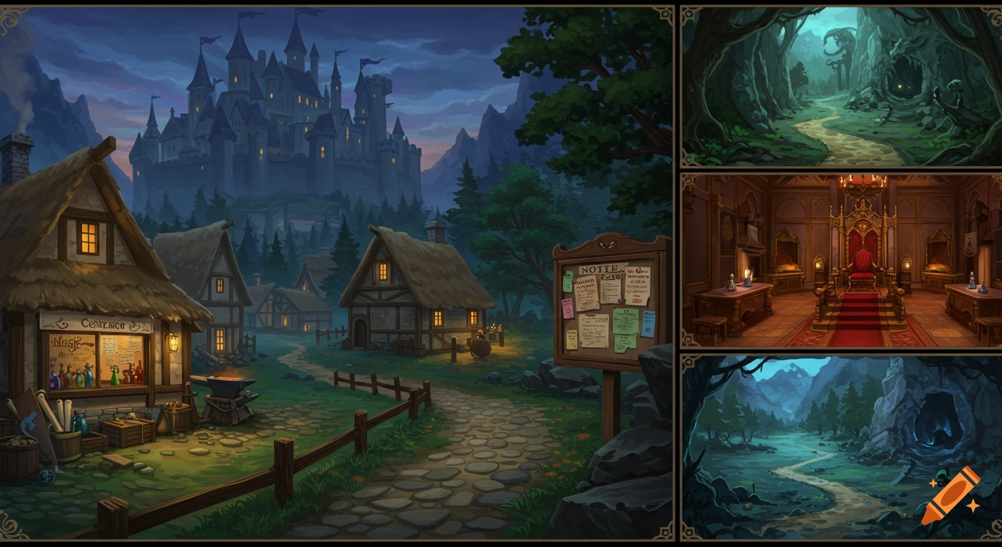 A multi-panel fantasy illustration depicting a medieval village and castle at night, with additional scenes of a dark forest, a throne room, and a cave.
