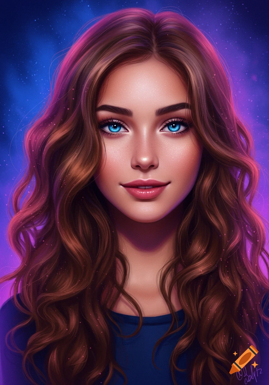 Illustration of a young woman with long brown wavy hair and bright blue eyes, set against a vibrant purple and blue background.