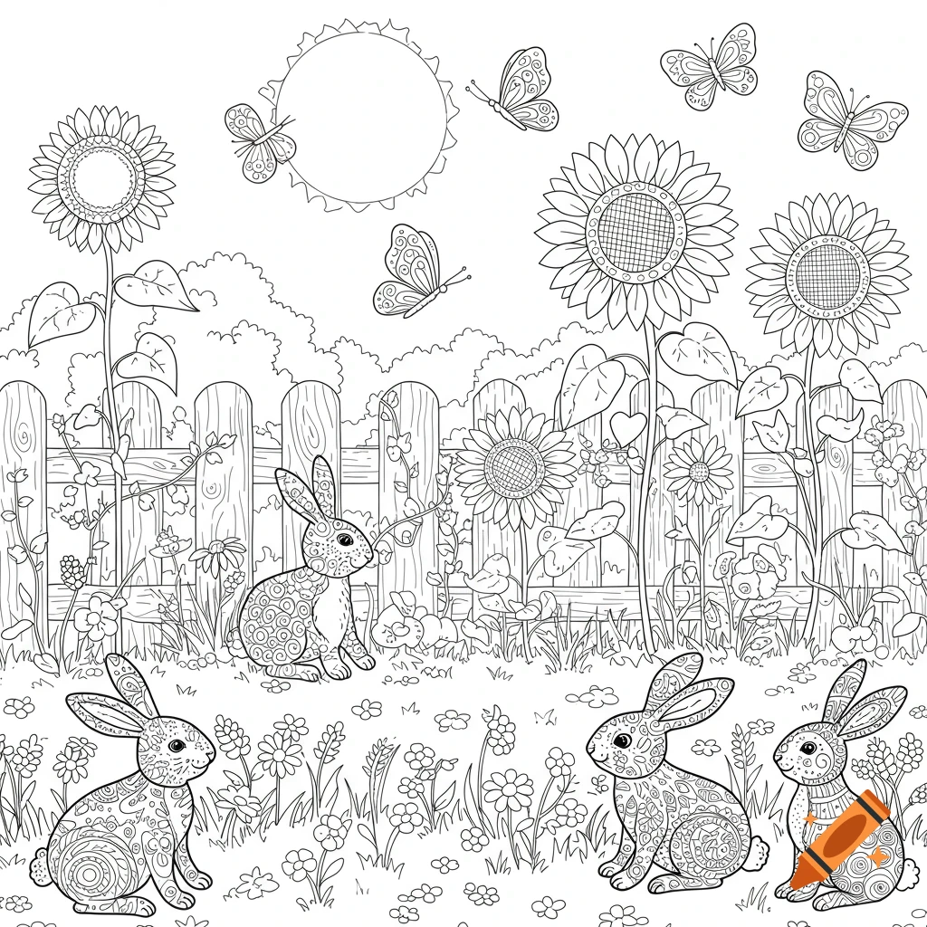 Line art coloring page with four patterned rabbits in a garden with sunflowers, butterflies, and a picket fence.