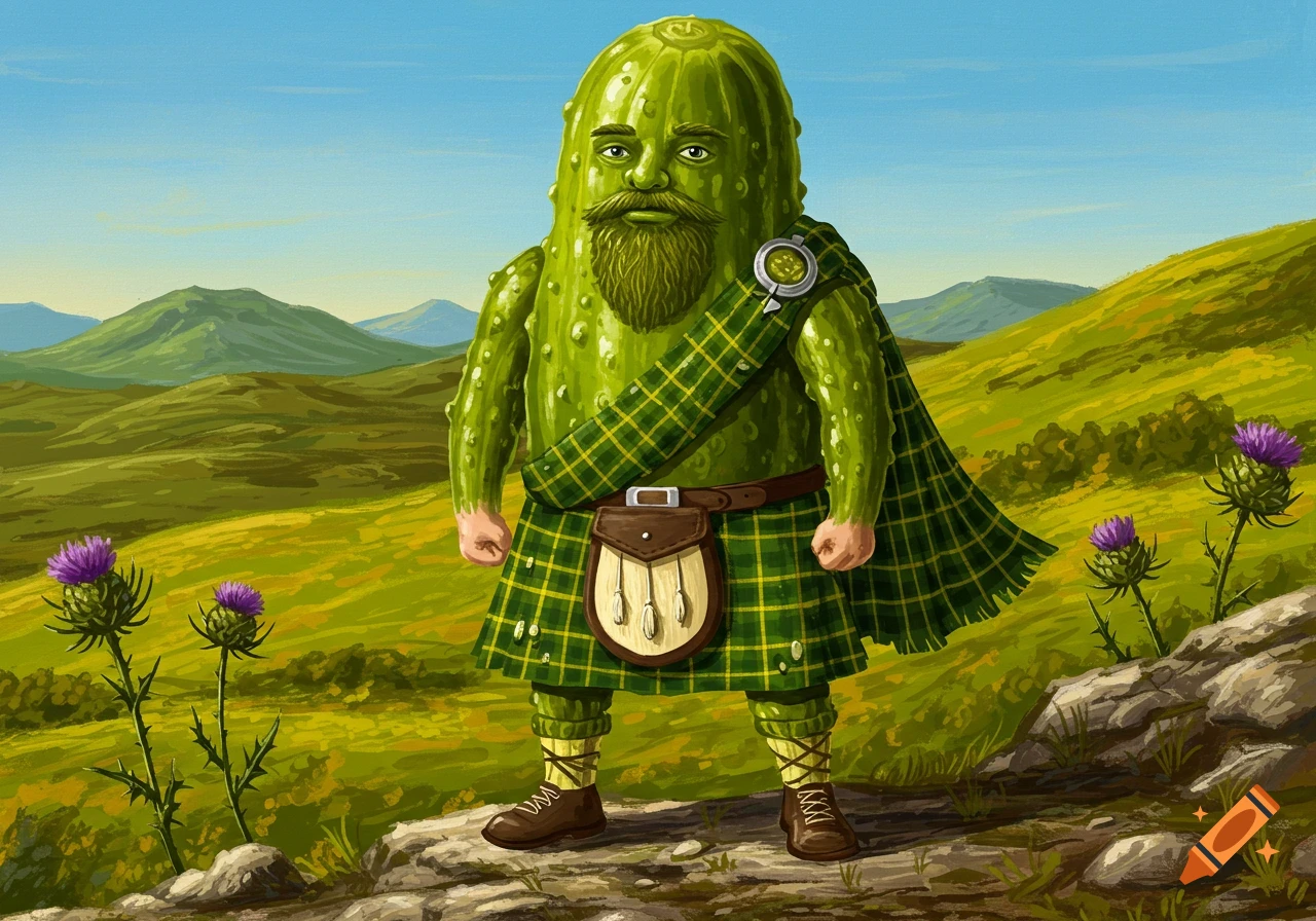 An anthropomorphic pickle dressed as a Scottish highlander, with a beard, kilt, and sporran, stands in a green, hilly landscape with thistles. Illustrated style.