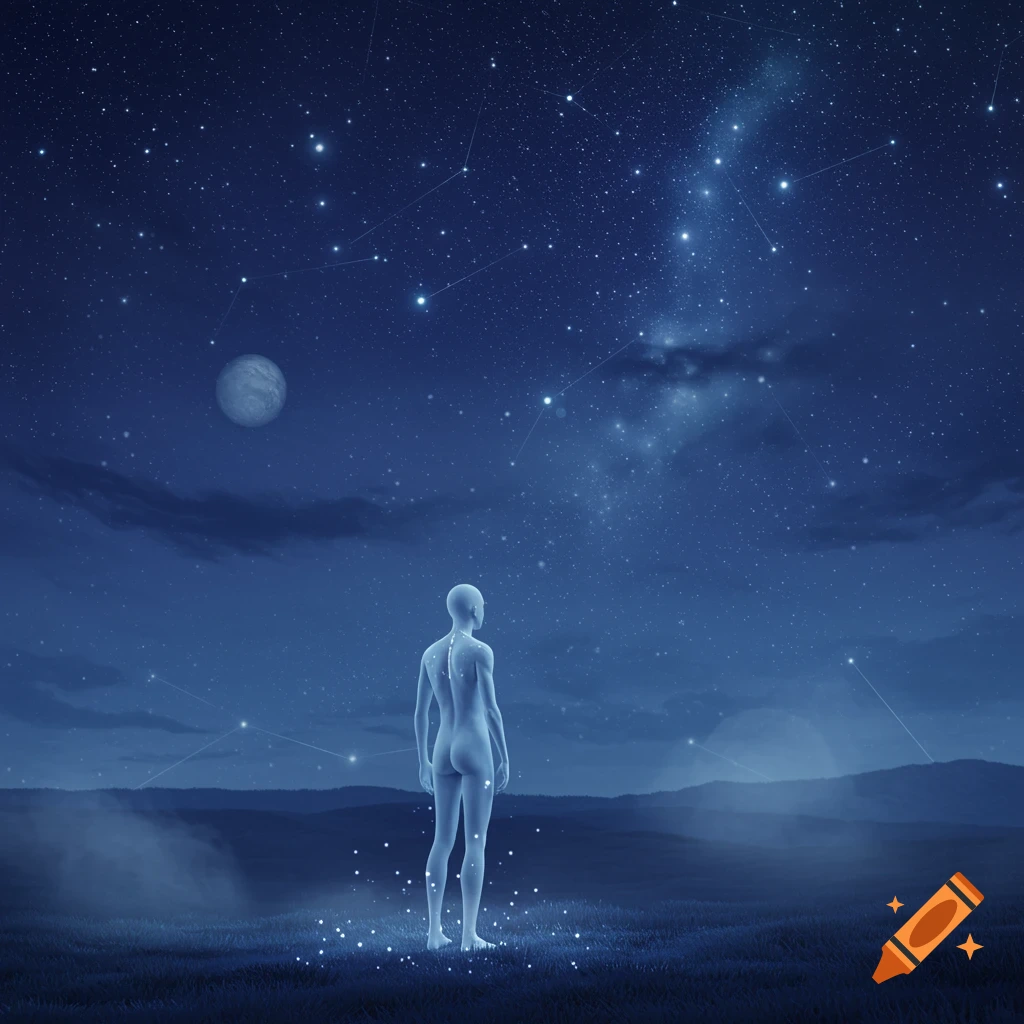 A translucent human figure stands in a moonlit field, looking up at a starry night sky with glowing constellations.