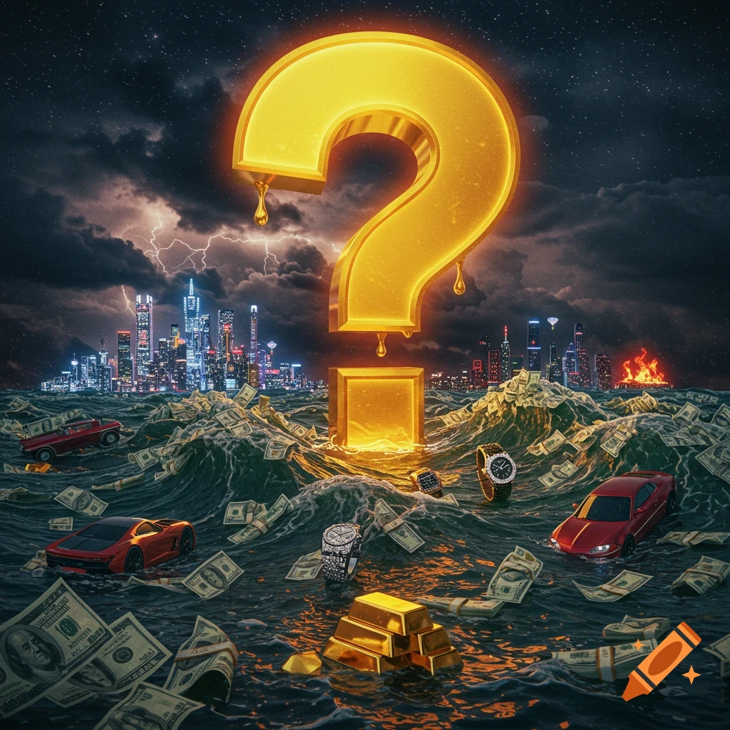 A glowing golden question mark rises from a wavy ocean of hundred-dollar bills, surrounded by luxury cars, watches, and gold bars, with a futuristic city under a stormy, lightning-filled sky in the background.
