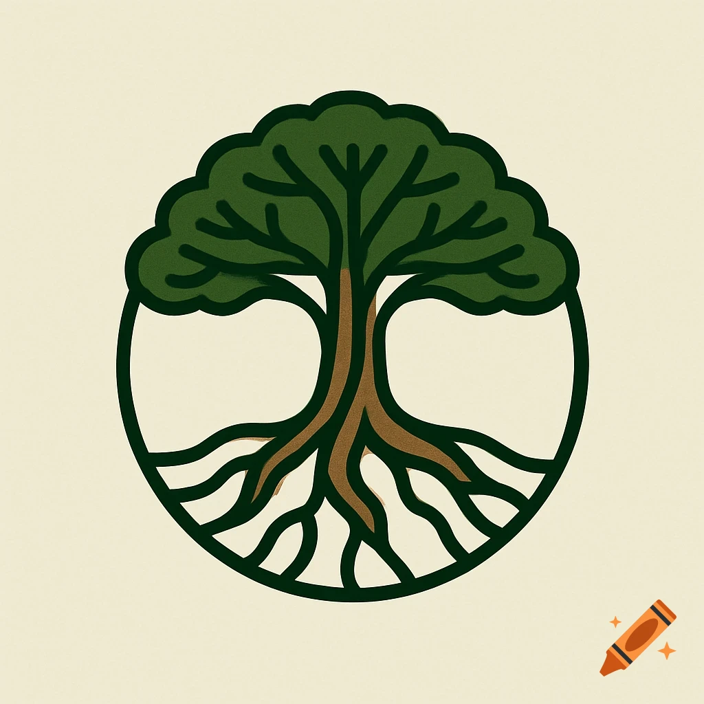A minimalist logo featuring a green tree with brown roots inside a circular outline.
