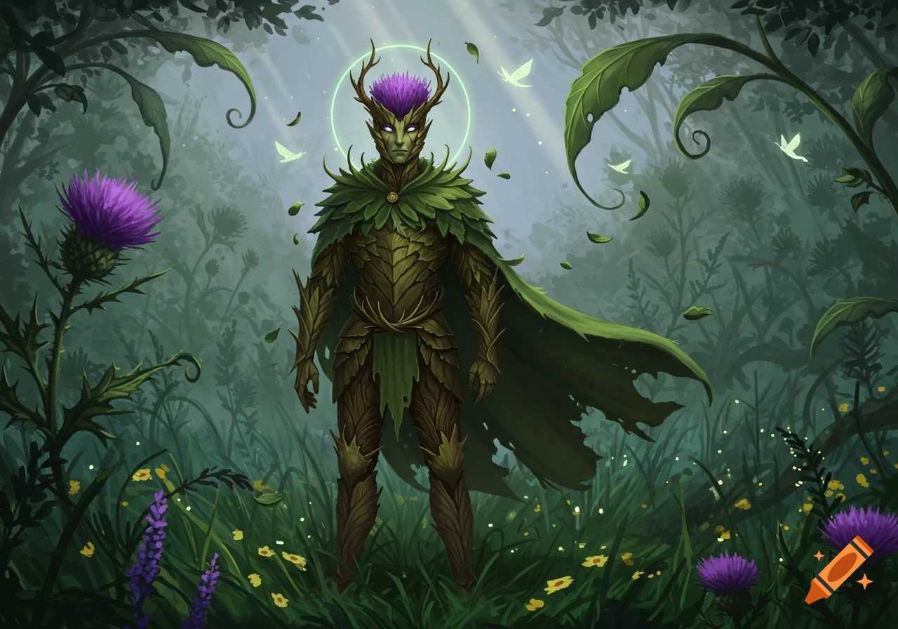 A fantasy thistle warden character made of leaves and wood stands in a vibrant magical forest with purple thistles.