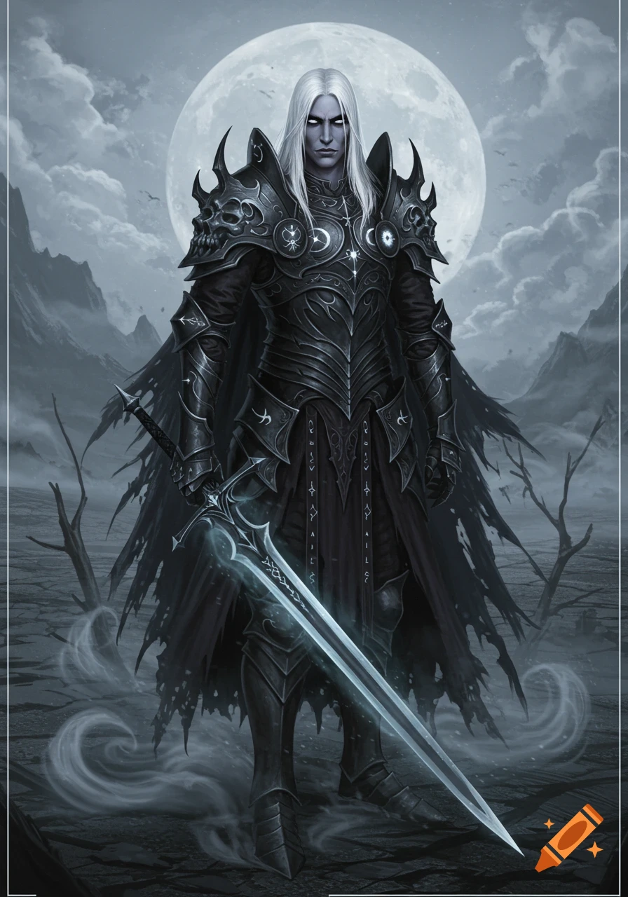 A pale-skinned male fantasy character with white hair and dark eyes stands in dark spiked armor, holding a glowing sword, before a full moon and mountains.