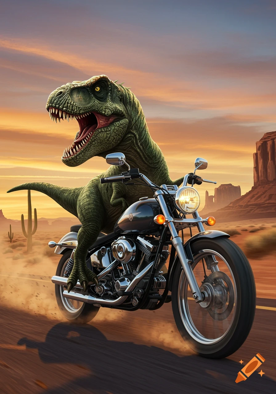 A realistic T-Rex dinosaur roaring while riding a classic motorcycle through a desert landscape at sunset.