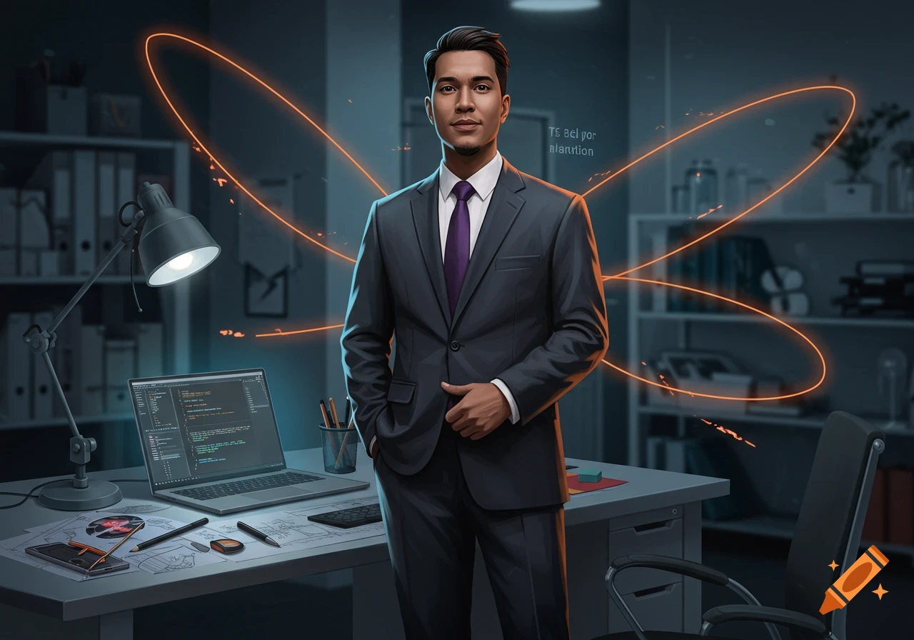 A photorealistic man in a suit stands in a modern office with a laptop showing code and glowing orange lines.