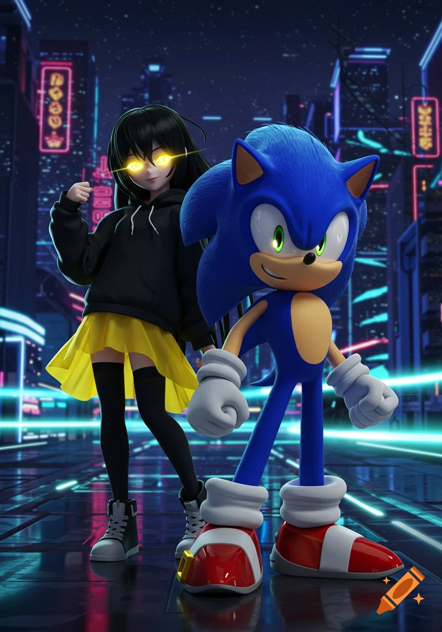 Sonic the Hedgehog and an anime girl with glowing yellow eyes stand in a neon-lit cyberpunk city.