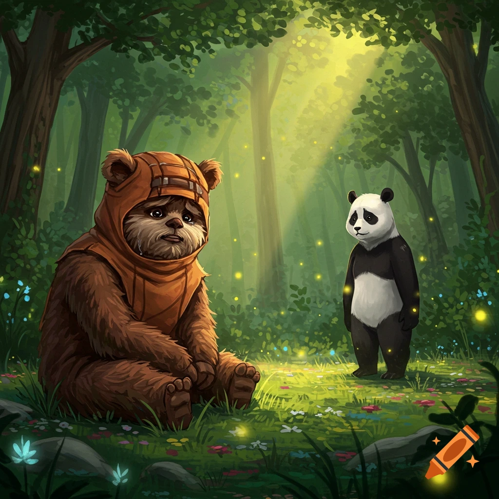 A sad Ewok sits in a sunlit fantasy forest as a panda stands nearby, fireflies glowing.