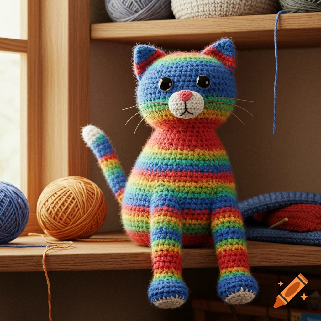 A vibrant rainbow-striped crochet cat sits on a wooden shelf next to balls of yarn, looking forward in a photorealistic style.