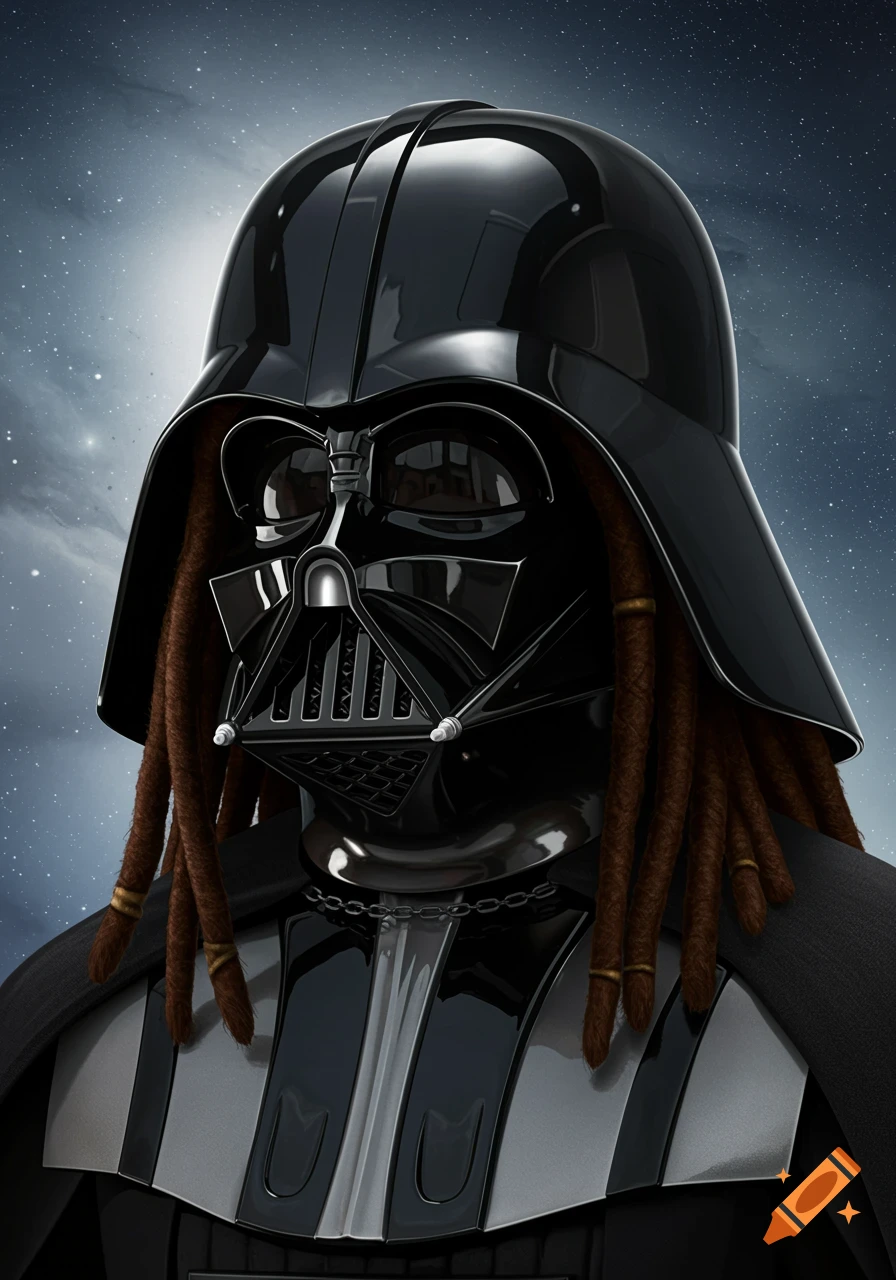 A photorealistic close-up portrait of Darth Vader wearing his helmet with brown dreadlocks flowing from underneath, set against a starry sky.
